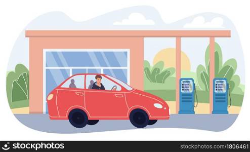 Vector flat cartoon character in city life scene-stylish young man sits in car at gas station and waits for refueling.Web online banner design,life scene,social story concept. Flat cartoon character in city life scene at gas station,vector illustration concept