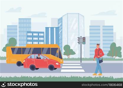 Vector flat cartoon character in city life scene-young man goes to road crosswalk,cars are passing by on cityscape background.Web online banner design,city life scene,social story concept. Flat cartoon characters in city life scene with road traffic,vector illustration concept