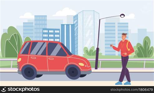 Vector flat cartoon character in city life scene-young man hitchhiking,trying to catch a ride,car passing by on cityscape background.Web online banner design,city life scene,social story concept. Flat cartoon character in city life scene with road traffic,vector illustration concept
