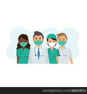 Vector flat cartoon Character of Medical Team Wearing Protective Mask on White Background. team of doctor and nurse.