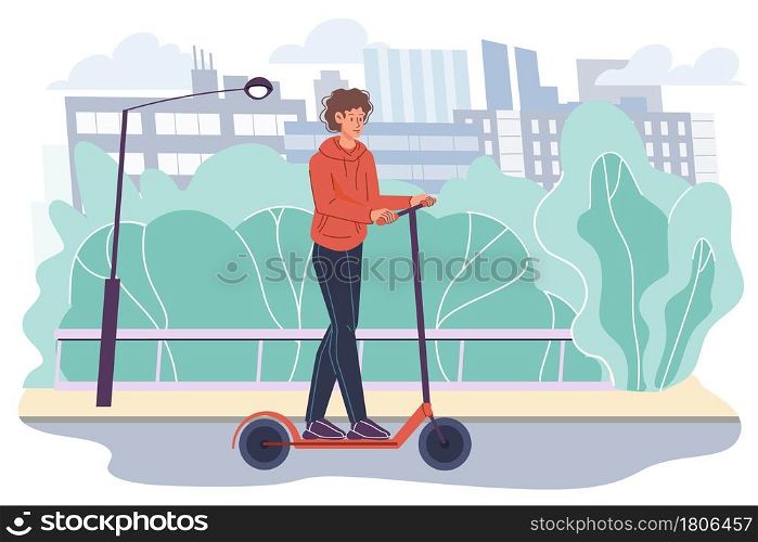 Vector flat cartoon character rides scooter on road.Young stylish happy man riding push-scooter on cityscape background-web online banner design,modern city life scene,social story concept. Flat cartoon character rides kick scooter,city life scene vector illustration concept