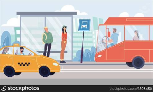 Vector flat cartoon characters in city life scene.Various people in road location-they stand at bus stop, go by taxi and by bus.Web online banner design,life scene,social story concept. Flat cartoon characters in city life scene with bus stop,vector illustration concept