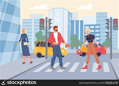 Vector flat cartoon characters in city life scene-people walking along pedestrian crossing,cars are passing by on cityscape background.Web online banner design,city life scene,social story concept. Flat cartoon characters in city life scene with road traffic,vector illustration concept