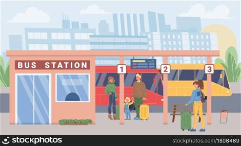 Vector flat cartoon characters in city life scene-various people with suitcases stand at bus station,waiting for their trip ride.Web online banner design,life scene,social story concept. Flat cartoon characters in city life scene at bus station,vector illustration concept