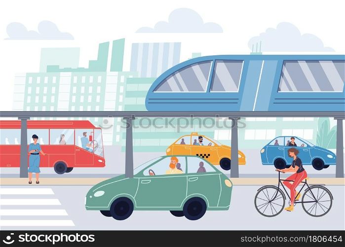 Vector flat cartoon characters in city traffic.Various people in road location-they ride in cars,buses,bicycles and above ground metro.Web online banner design,life scene,social story concept. Flat cartoon characters in city life scene with road traffic,vector illustration concept