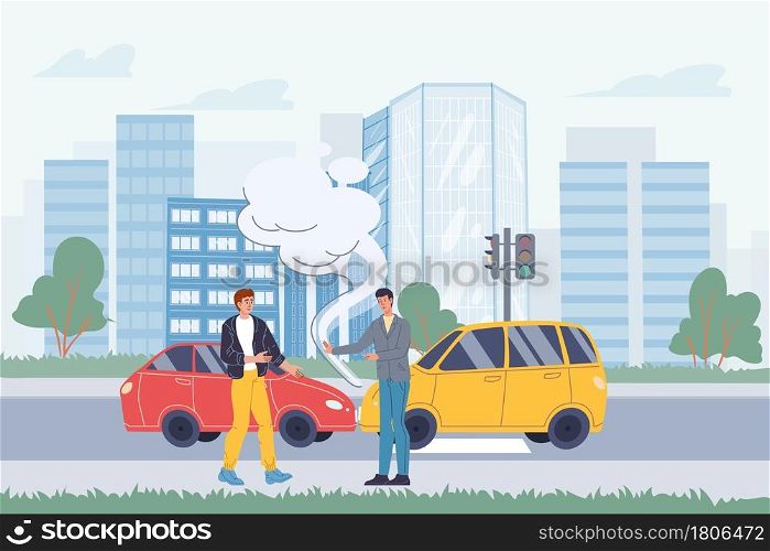 Vector flat cartoon characters in road accident scene.Two cars collided,their owners argue about what happened on cityscape background.Web online banner design,city life scene,social story concept. Flat cartoon characters in city life scene with road accident,vector illustration concept