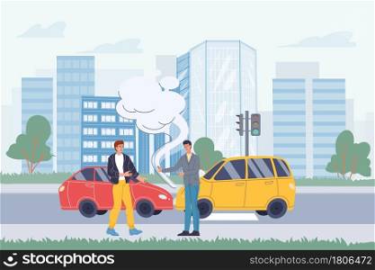 Vector flat cartoon characters in road accident scene.Two cars collided,their owners argue about what happened on cityscape background.Web online banner design,city life scene,social story concept. Flat cartoon characters in city life scene with road accident,vector illustration concept