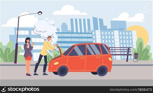 Vector flat cartoon characters in road accident scene.Car broke down,male owner trying to fix it,his girlfriend is worried.Web online banner design,city life scene,social story concept. Flat cartoon characters in city life scene with road accident,vector illustration concept