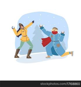 Vector flat cartoon characters in winter season outdoor playing snowballs - fashion,emotions,healthy lifestyle social concept. Flat cartoon characters in winter season vector illustration concept