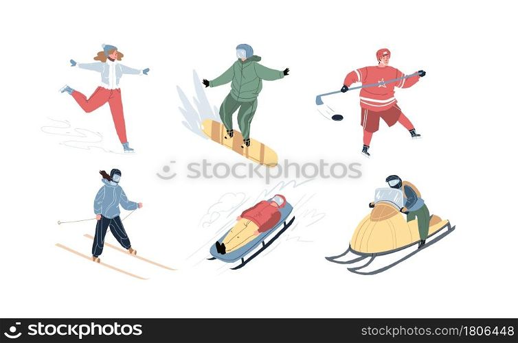 Vector flat cartoon characters of winter sport.. Set of winter sport characters, vector illustration concept
