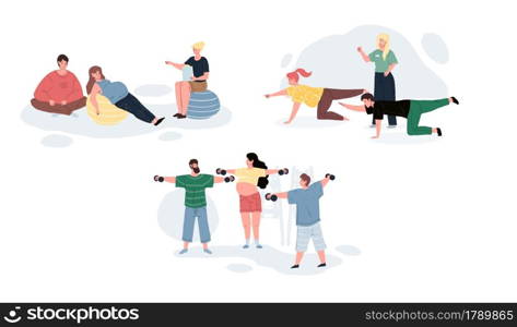 Vector flat cartoon characters,pregnant women doing exercises in sports class-preparing to childbirth courses for future mothers.Web online design-sporty life scene,healthy lifestyle,social concept. Flat cartoon characters pregnant women courses,set of vector illustration concept