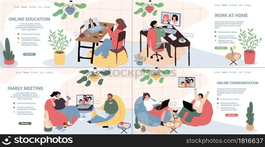 Vector flat cartoon characters using online video messenger conference communication on laptops.Happy people talk with friends and relatives,work and study using web.Set of landing page design. Cartoon flat characters using online video messenger conference communication on laptops,set of vector landing page concept