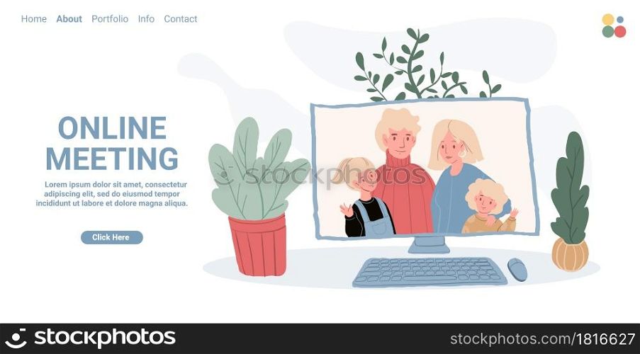 Vector flat cartoon family characters on monitor screen.Happy people-smiling parents,children in online video messenger conference communication.Healthy family relationships-landing page concept. Cartoon flat happy family characters on screen in video conference communication,vector landing page social concept