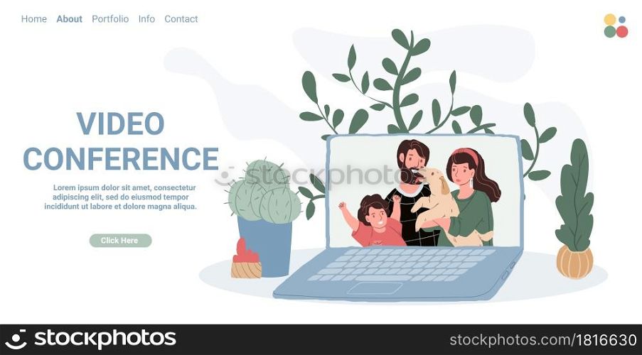 Vector flat cartoon family characters on monitor screen.Happy people-smiling parents,children in online video messenger conference communication.Healthy family relationships-landing page concept. Cartoon flat happy family characters on screen in video conference communication,vector landing page social concept