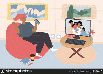 Vector flat cartoon family characters on monitor screen talk with friends,relatives-parents and children in online video messenger conference communication.Healthy family relationships,landing page. Cartoon flat happy family characters in video conference communication with relatives,vector landing page social concept