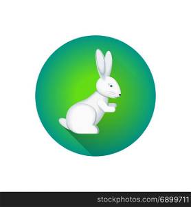 vector flat cartoon hare illustration. vector colorful flat design cartoon siting white grey rabbit illustration flat shadow design round green background