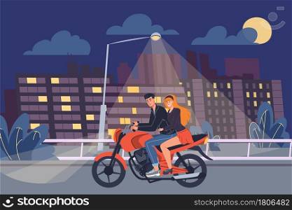 Vector flat cartoon man and woman characters ride motorcycle on night road.Young stylish teenager and happy cute girl on motorbike -web online banner design,life scene,social story concept. Flat cartoon characters riding motorcycle,vector illustration concept