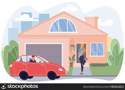 Vector flat cartoon man character drives up to house,young stylish happy cute girl waiting for him smiling.Web online banner design,romantic relationships,family life scene,social story concept. Flat cartoon family characters city life scene,vector illustration concept