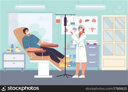 Vector flat cartoon patient,doctor characters.Physician character treats man using dropper,both in face masks-medical treatment therapy during pandemic,web online banner ad concept. Flat cartoon patient and doctor characters,work of clinic during coronavirus pandemic,vector illustration concept
