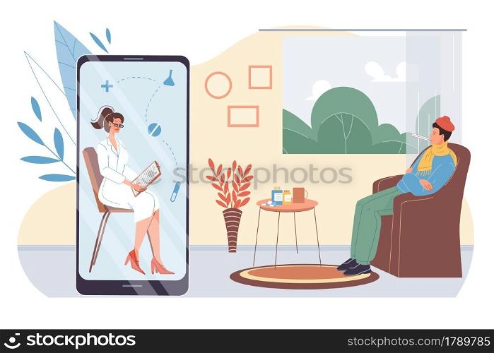 Vector flat cartoon patient,doctor characters.Physician examines medical card of sick man with viral infection from mobile screen app-coronavirus treatment,web online therapy,telemedicine concept. Flat cartoon patient and doctor characters,online telemedicine vector illustration concept