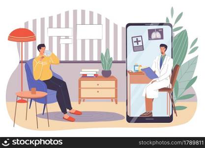 Vector flat cartoon patient,doctor characters.Physician examines medical card of sick man with viral infection from mobile screen app-coronavirus treatment,web online therapy,telemedicine concept. Flat cartoon patient and doctor characters,online telemedicine vector illustration concept
