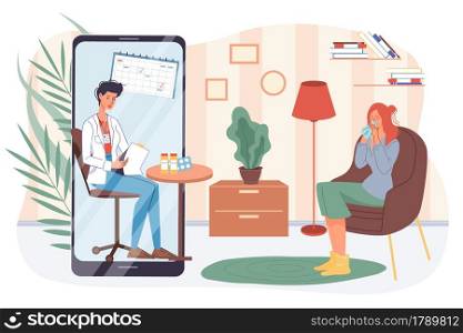 Vector flat cartoon patient,doctor characters.Physician examines medical card of sick woman with viral infection from mobile screen app-coronavirus treatment,web online therapy,telemedicine concept. Flat cartoon patient and doctor characters,online telemedicine vector illustration concept