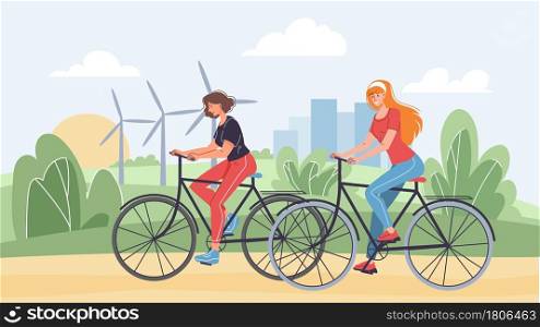Vector flat cartoon women characters ride bicycles on road.Young stylish happy cute girls riding bikes in city park-web online banner design.Healthy lifestyle,sporty,life scene,social story concept. Flat cartoon characters ride bicycles,vector illustration concept