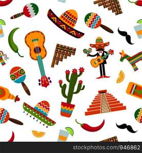 Vector flat colored mexico attributes set pattern or background illustration. Vector flat Mexico attributes pattern or background illustration