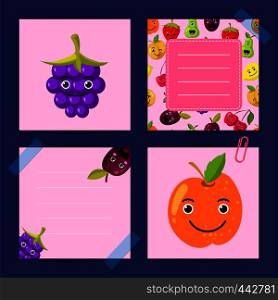 Vector flat cute orange, blackberry, plum fruits with faces note templates set. Illustration card and banner. Vector flat cute orange, blackberry, plum fruits with faces note templates set