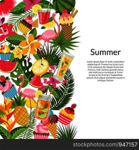 Vector flat cute summer elements, cocktails, flamingo, palm leaves background with place for text illustration. Vector flat cute summer elements, cocktails, flamingo, palm leaves background