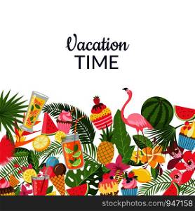 Vector flat cute summer elements, cocktails, flamingo, palm leaves background with place for text illustration. Cocktails, flamingo, palm leaves background colored pattern
