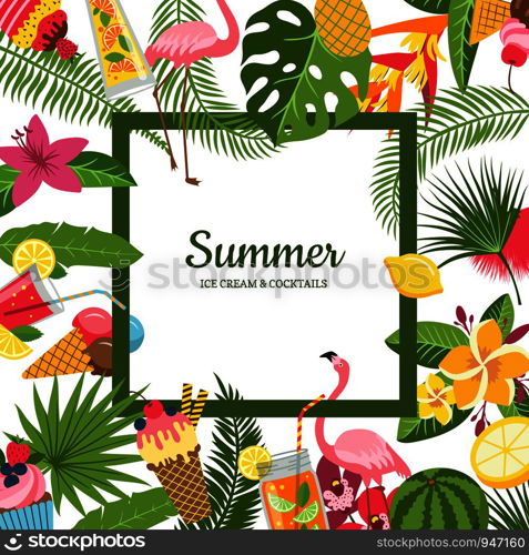 Vector flat cute summer elements, cocktails, flamingo, palm leaves background with place for text illustration. Vector flat cute summer cocktails, flamingo, palm leaves background