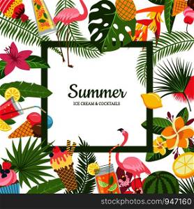 Vector flat cute summer elements, cocktails, flamingo, palm leaves background with place for text illustration. Vector flat cute summer cocktails, flamingo, palm leaves background
