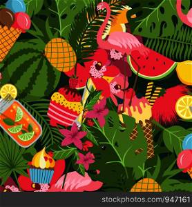 Vector flat cute summer elements, cocktails, flamingo, palm leaves background with place for text illustration. Vector flat cute summer elements, cocktails, flamingo