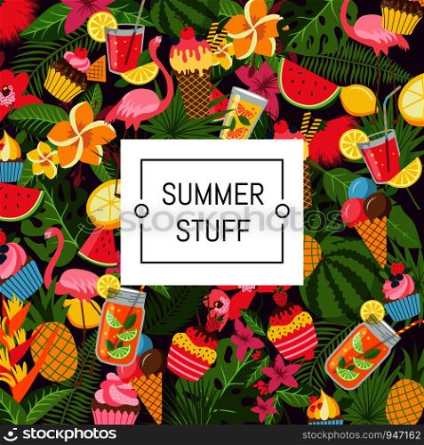 Vector flat cute summer elements, cocktails, flamingo, palm leaves background with place for text illustration. Summer elements, cocktails, flamingo, palm leaves background