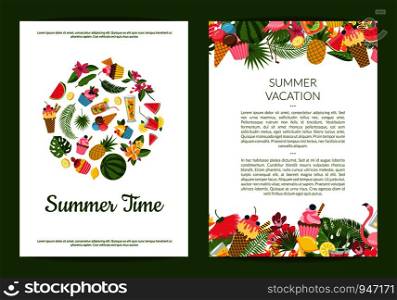 Vector flat cute summer elements, cocktails, flamingo, palm leaves card or flyer template illustration. Vector flat cute summer elements, cocktails, flamingo, palm leaves card
