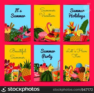 Vector flat cute summer elements, cocktails, flamingo, palm leaves card or flyer template illustration. Vector flat cute summer elements, cocktails, flamingo
