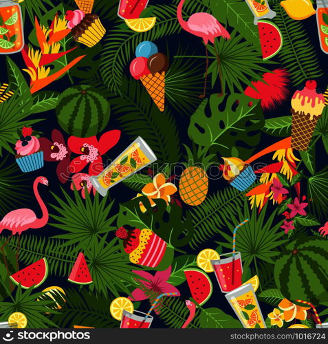 Vector flat cute summer elements, cocktails, flamingo, palm leaves illustration. Seamless pattern summer elements palm, flamingo and cocktail. Vector flat cute summer elements, cocktails, flamingo, palm leaves pattern or background illustration