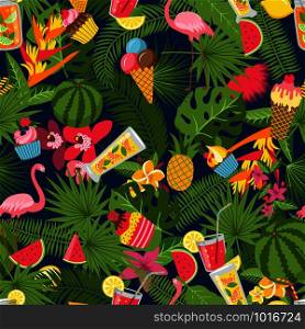 Vector flat cute summer elements, cocktails, flamingo, palm leaves illustration. Seamless pattern summer elements palm, flamingo and cocktail. Vector flat cute summer elements, cocktails, flamingo, palm leaves pattern or background illustration