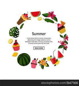 Vector flat cute summer elements, cocktails, flamingo, palm leaves in circle shape with place for text illustration. Vector summer color cocktails, flamingo, palm leaves