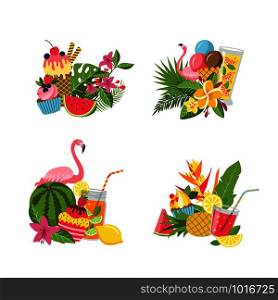 Vector flat cute summer elements, cocktails, flamingo, palm leaves piles set isolated on white background illustration. Watermelon and pineapple, flamingo and flower, summertime vacation. Vector flat cute summer elements, cocktails, flamingo, palm leaves piles set isolated on white background illustration