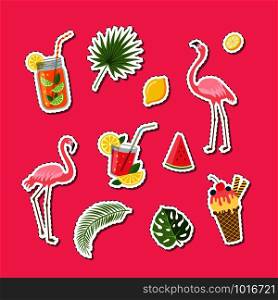 Vector flat cute summer elements, cocktails, flamingo, palm leaves stickers set illustration. Leaf of palm, watermelon and cocktail tropic. Vector flat cute summer elements, cocktails, flamingo, palm leaves stickers set illustration