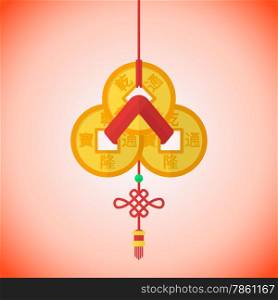 vector flat design chinese new year three feng shui coins batch red ribbon illustration&#xA;
