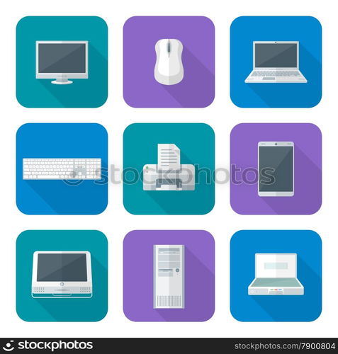 vector flat design color various computer gadgets office devices icons set long shadow&#xA;