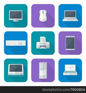 vector flat design color various computer gadgets office devices icons set long shadow&#xA;