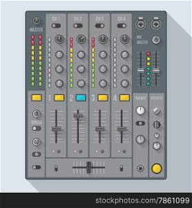 vector flat design colored sound dj mixer with knobs and sliders illustration witch shadows&#xA;