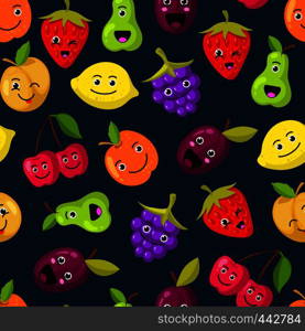 Vector flat fruits with cute faces pattern or background. Color fruits illustration. Vector flat fruits with cute faces pattern or background