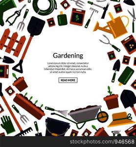 Vector flat gardening icons background with place for text illustration. Banner with equipment garden, watering poster growing. Vector flat gardening icons background with place for text illustration