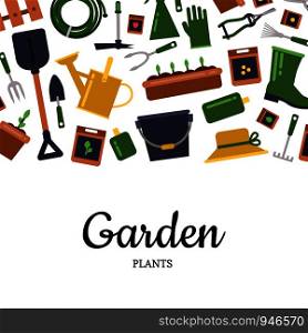 Vector flat gardening icons banner and poster background with place for text illustration. Vector flat gardening icons background with place for text illustration