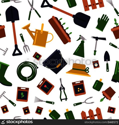 Vector flat gardening icons pattern or background illustration. Watering and growing, rake and pruner. Vector flat gardening icons pattern or background illustration